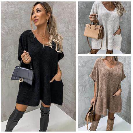Sweater women's plus size pocket V-neck long sleeved shirt