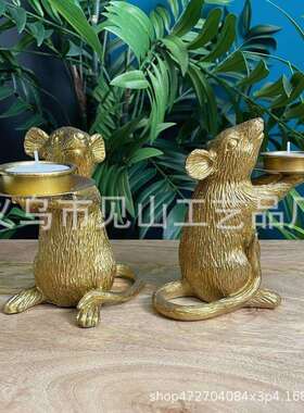跨境 Gold Mouse Candle Holders金色老鼠组合烛台桌面树脂摆件