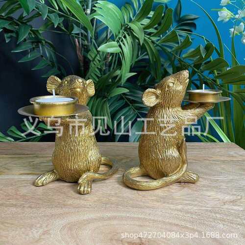 跨境 台Gold Mouse Clandle Hoders金色鼠组合烛桌老面树脂摆件88