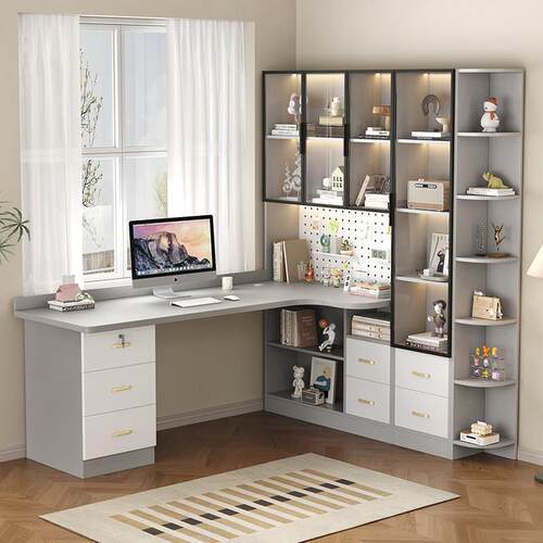 实木书桌书架组合转角电脑桌台式书柜一体卧室轻奢拐角学生学习桌