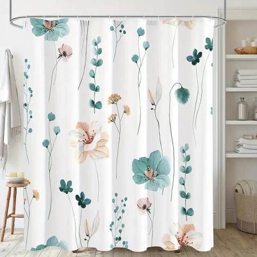 1pc Modern Watercolor Floral Shower Curtain Set with Hooks -