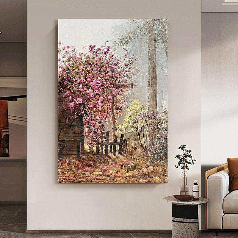 法式玫瑰花丛手绘油画客厅抽象粉色花卉装饰画玄关田园风肌理挂画