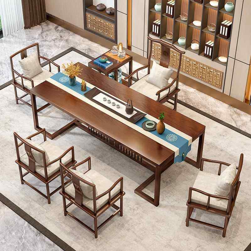 大板实木原木茶桌椅组合一桌五椅新中式茶几办公室家用泡茶台一体