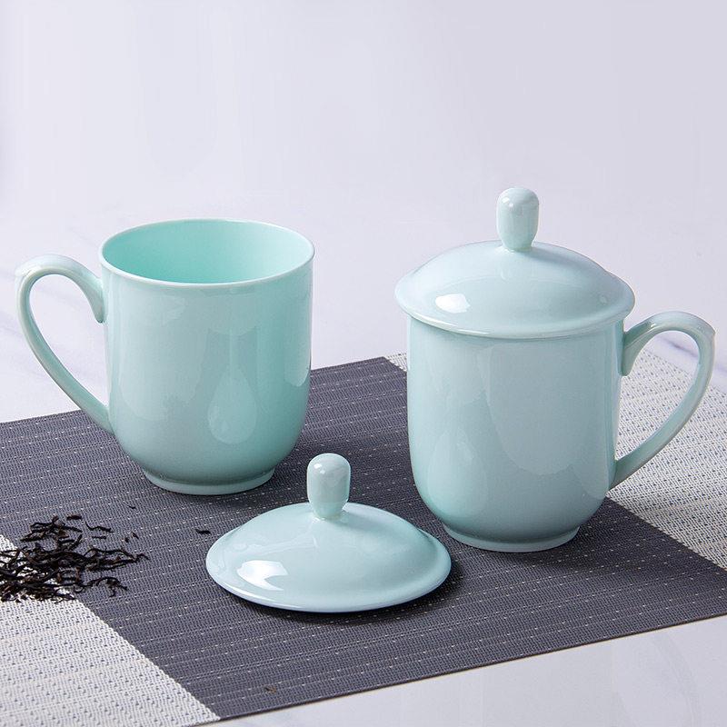 景德镇青瓷简易杯商务会议杯办公杯陶瓷骨瓷茶杯创意带盖水杯