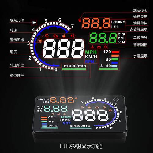 汽车多功能抬头显示仪HUD车载OBD高清投影车速码表转速油耗水温器