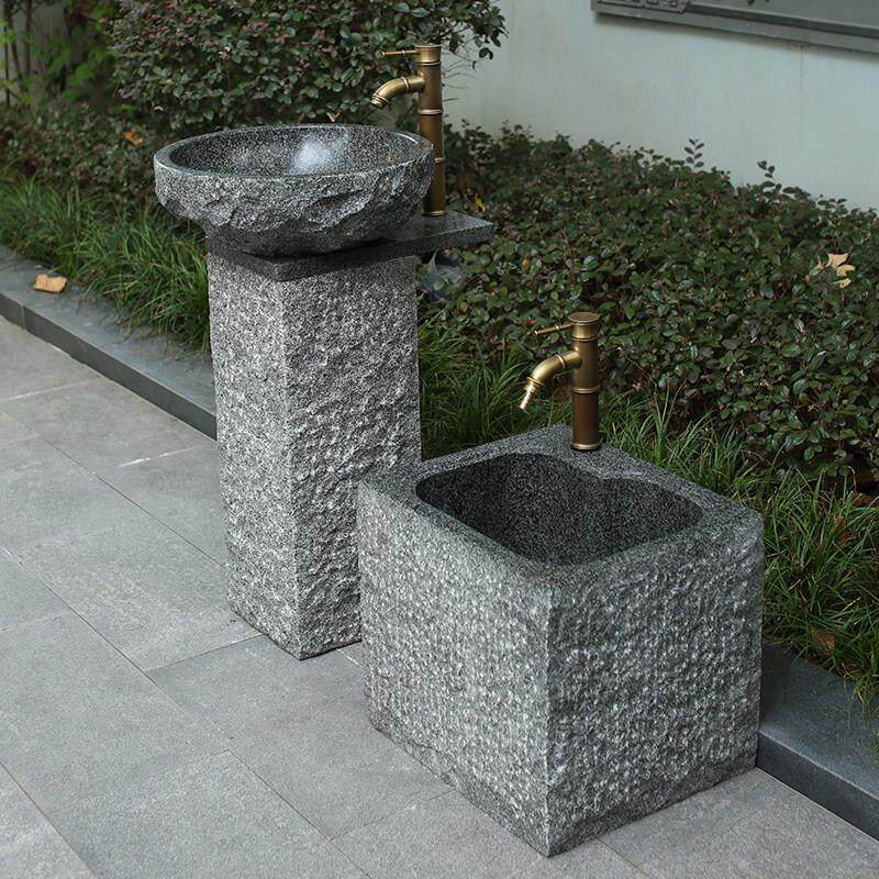 天然石头洗手盆户外庭院水池台盆大理石立柱式洗脸盆一体室外花园