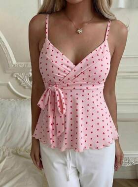 Summer Solid V-Neck Wrap Front Halter , Tie Waist Ruffle
