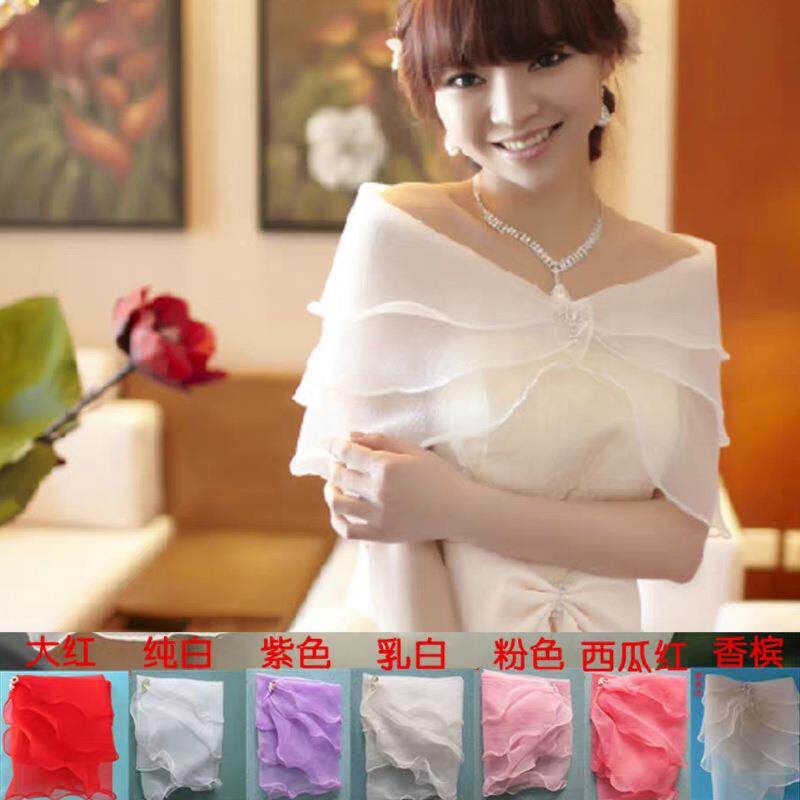 新娘纱披肩蕾丝婚纱遮手臂结婚礼服网红钻扣薄款一字肩宴会女