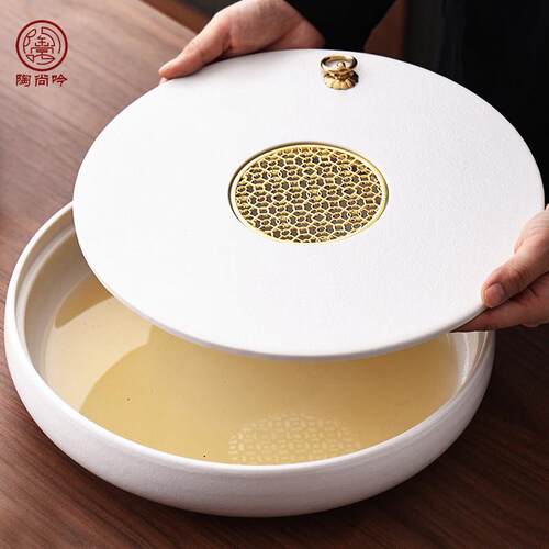 白色圆形全陶瓷小茶盘简约家用储水中式排水办公干泡茶台托 托盘