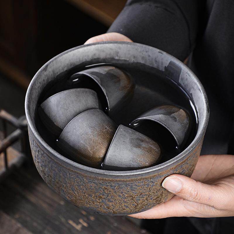 粗陶茶洗水洗水盂建水茶渣缸日式复古鎏金铁锈釉陶瓷功夫茶具配件