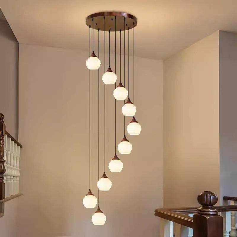 复式楼楼梯长线别墅挑高大吊灯木艺古风吊灯新款客厅中式中楼梯间