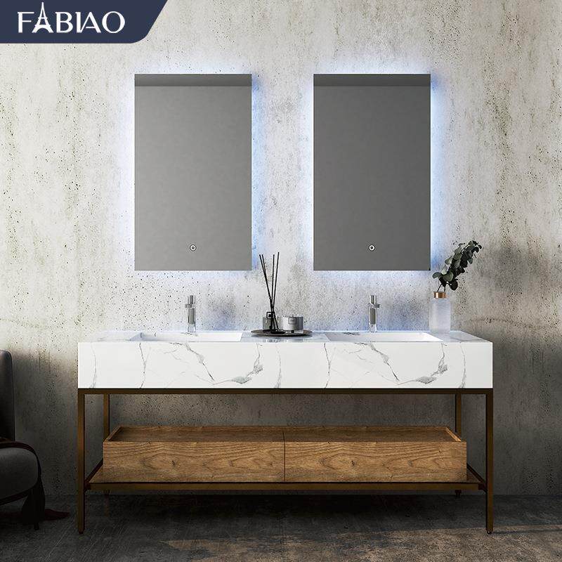 现代简约原木浴室柜大尺寸双台盆岩板台面落地洗脸柜