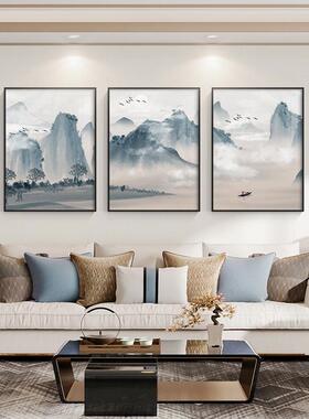 客厅装饰画水墨禅意山水画新中式沙发背景墙挂画现代简约三联壁画