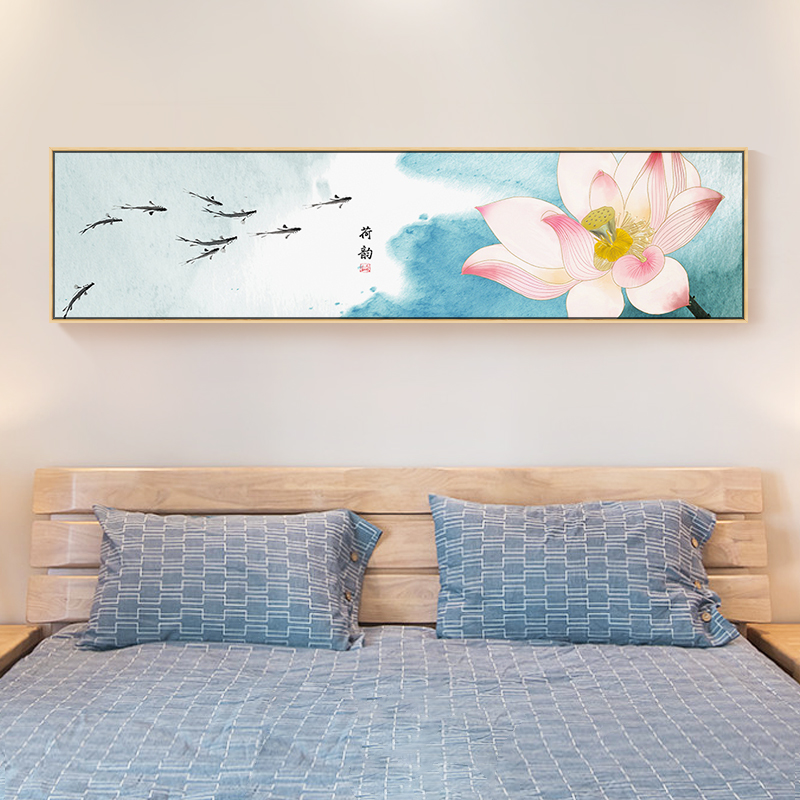 新中式卧室床头装饰画横幅禅意水墨荷花挂画锦鲤鱼群壁画客厅墙画图片