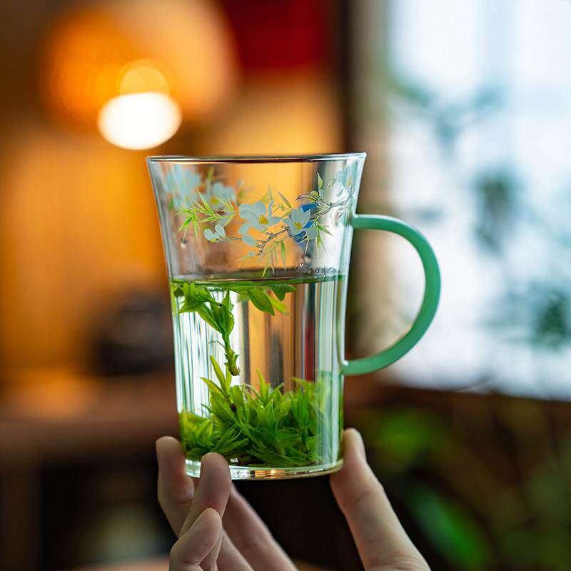 创意加厚玻璃绿茶杯水杯家用大号耐热单个泡茶杯个人专用杯办公杯