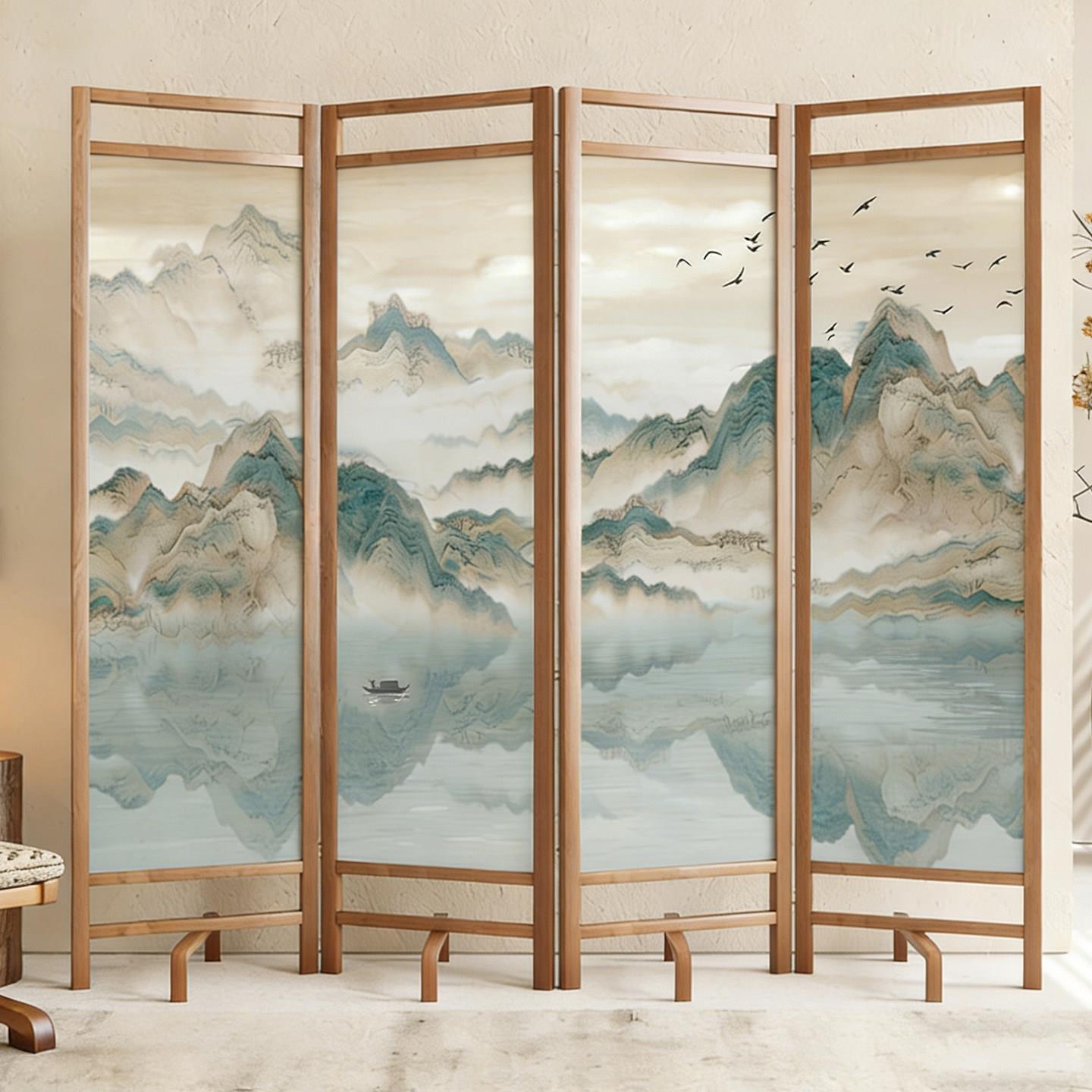新中式山水屏风隔断入户玄关正对门遮挡可折叠移动办公室茶室折屏