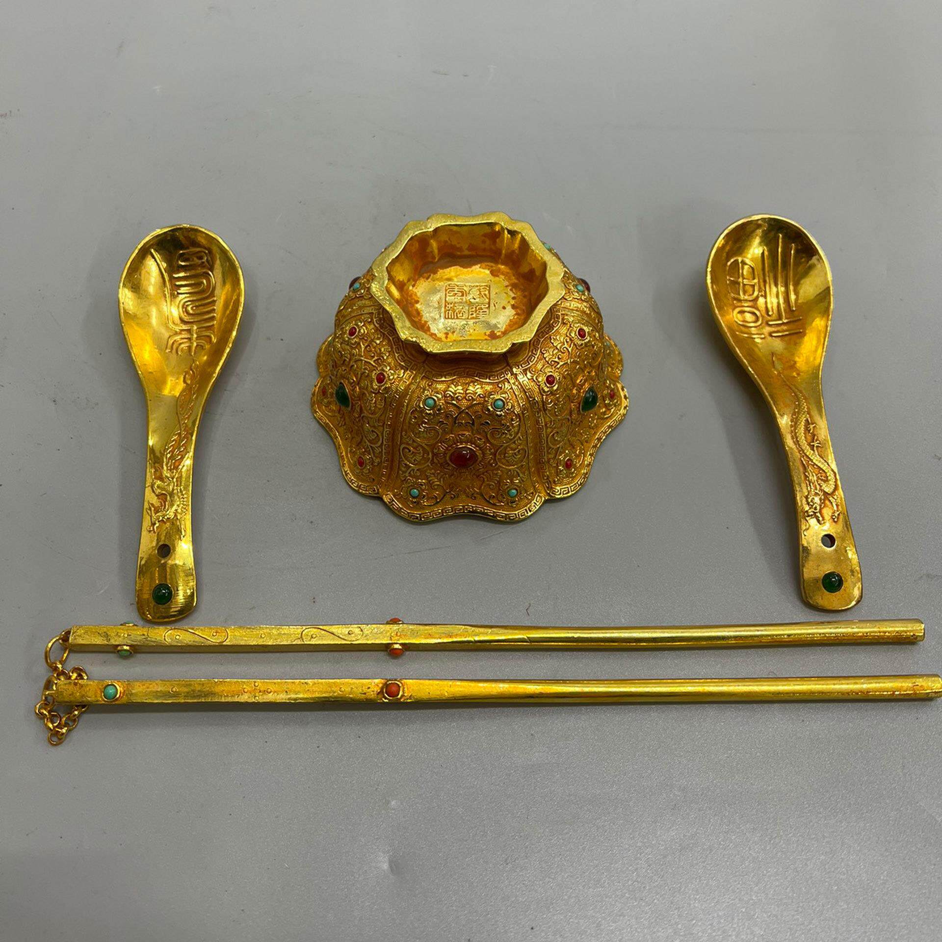 复古锌合金鎏金镶宝石碗筷勺子一套工艺品文创市集古玩老物件摆件