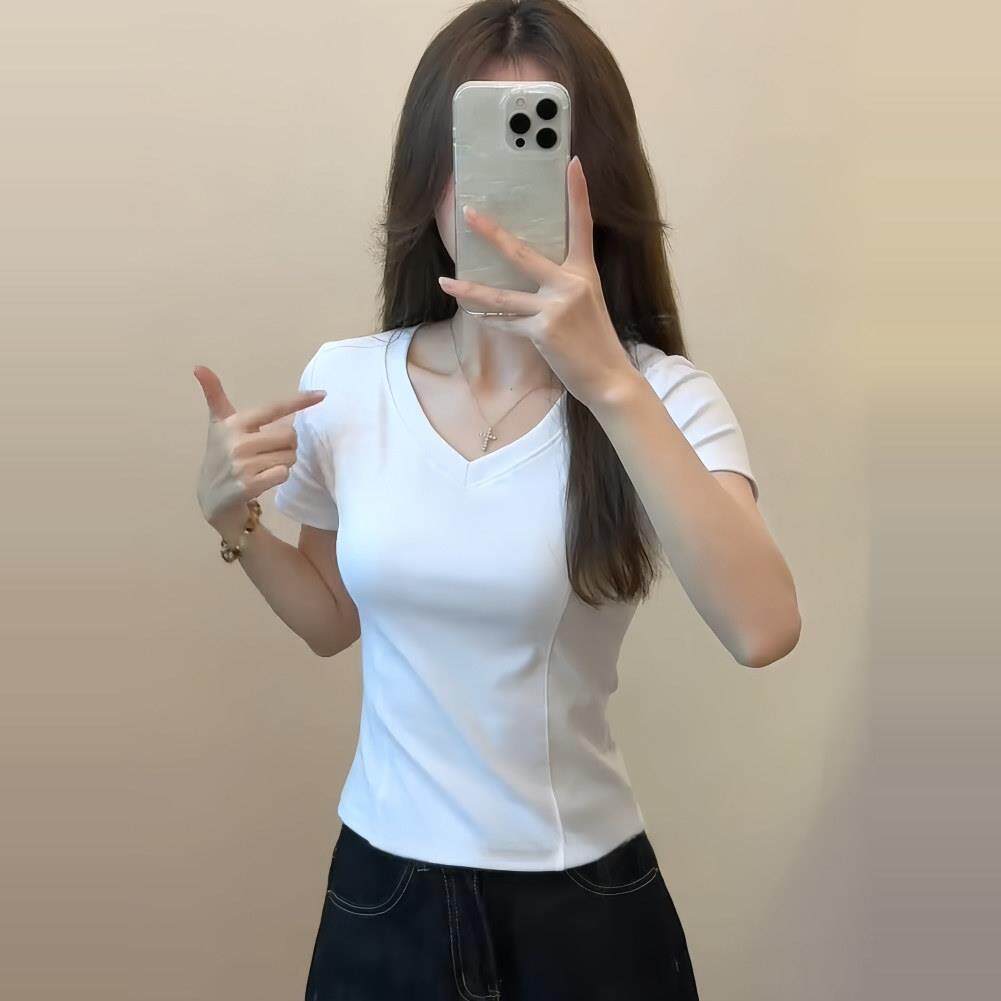 白色V领鱼骨正肩显瘦短袖t恤女士2026夏季新款修身感上衣0526r