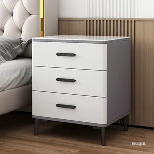 实YTX烤漆床头现代约轻岩板床边可柜加木轮子整简装收纳三抽