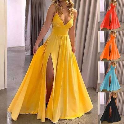 Womens Plain Criss Cross Backless Split Thigh Cami Dress