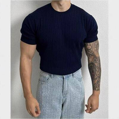 Men round neck sleeved knitted sweater Knitwear featuring