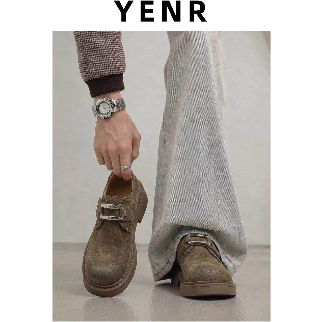 YENR男鞋2026新款翻毛复古德比鞋低帮透气大头鞋子高级感休闲皮鞋