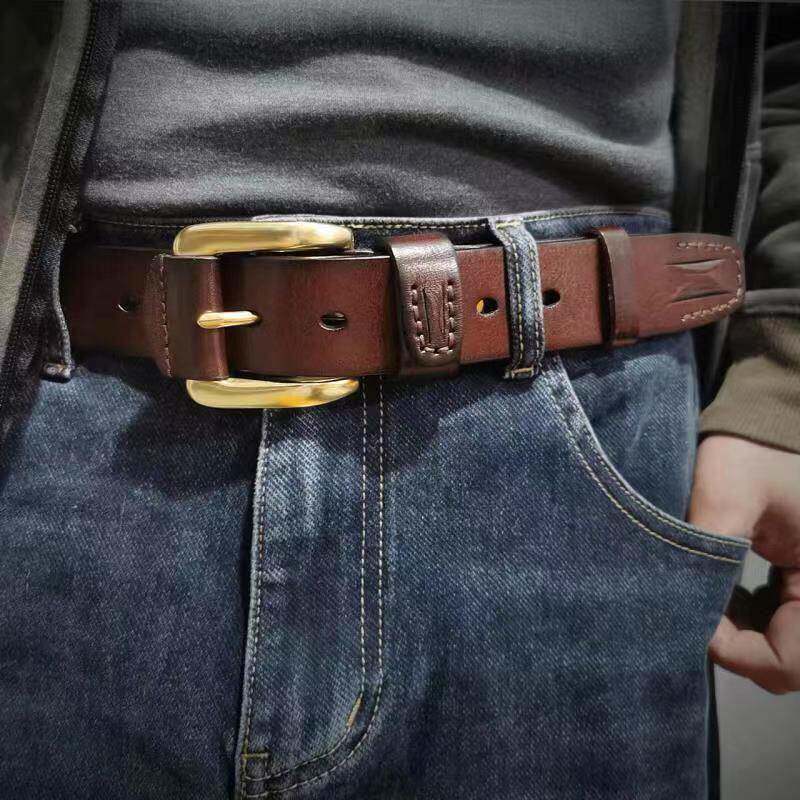 手工创意进口头层牛皮纯铜针扣皮带男士真皮休闲腰带复古牛仔裤带