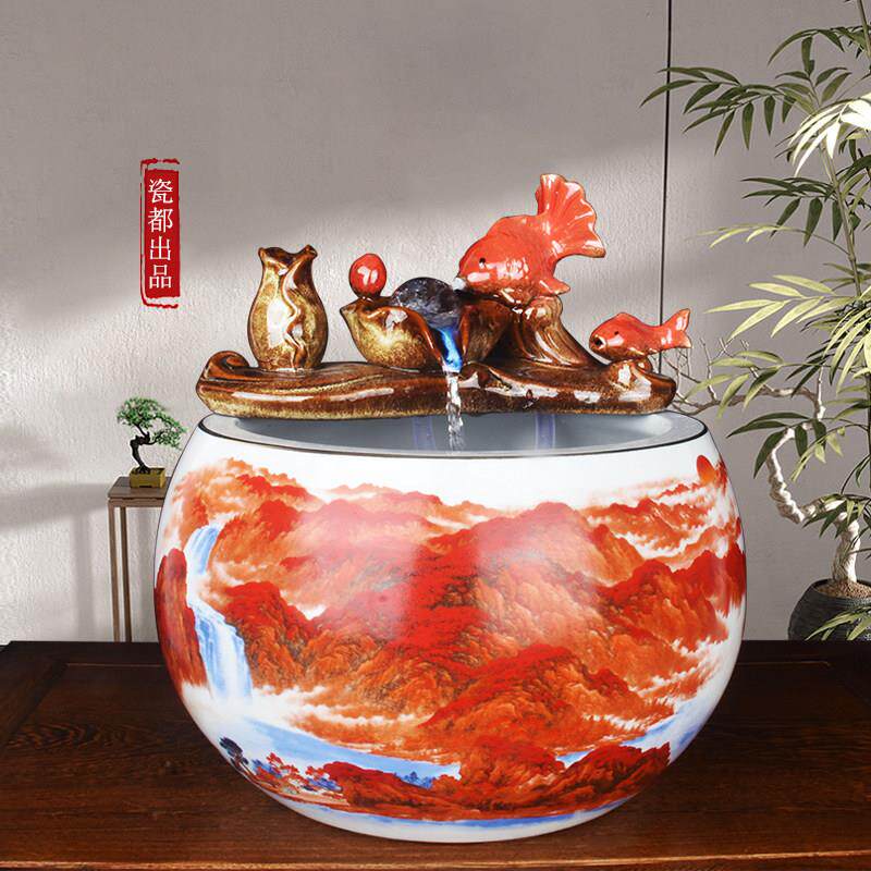 景德镇陶瓷鱼缸流水循环摆件桌面养鱼盆古法家用风水缸聚宝盆摆件
