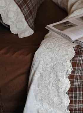 棉云色复古格子绉四洗件套水亲肤双层65982纱经典法式织花边套件