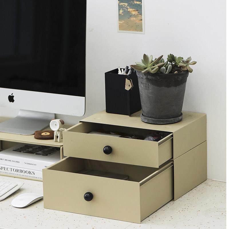 奶茶色可堆叠抽屉 简约多功能桌面收纳盒 办公室增高架金属杂物盒