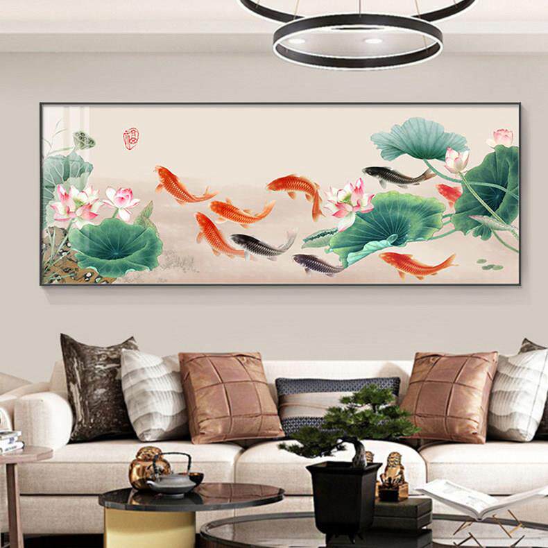 中国风九鱼画横旗客厅沙发背景墙挂画装饰画鱼莲花莲花鲤鱼每年