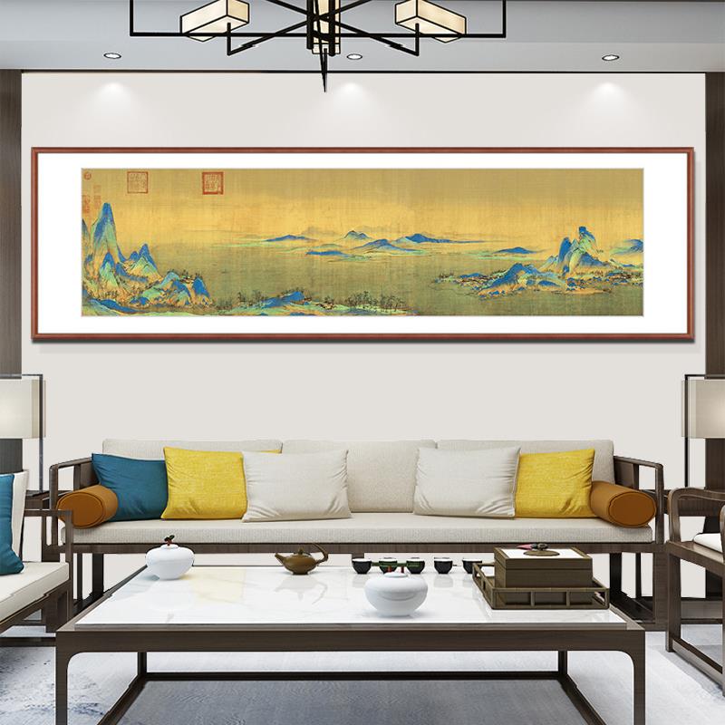 新中式客厅背景山水挂画高级感千里江山图绫布纯手工名家装饰画