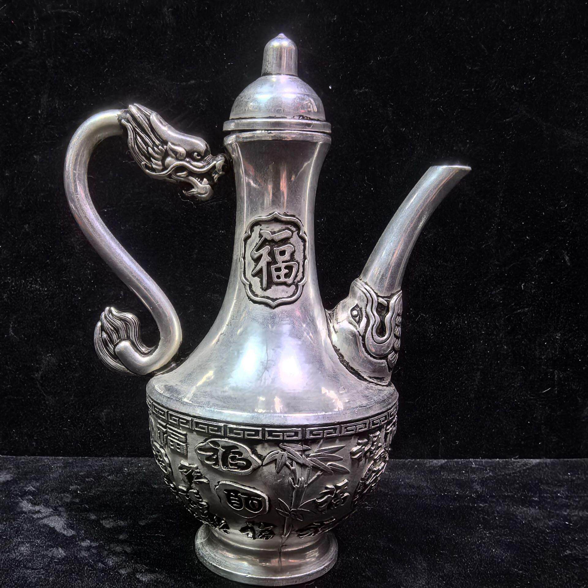 工艺品仿古做旧纯铜镀银百福酒壶摆件家居客厅神台工艺品铜器酒壶