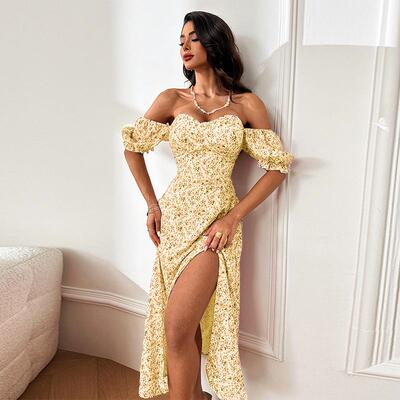Womens Ditsy Floral Print Off Shoulder Backless Ruffle Trim