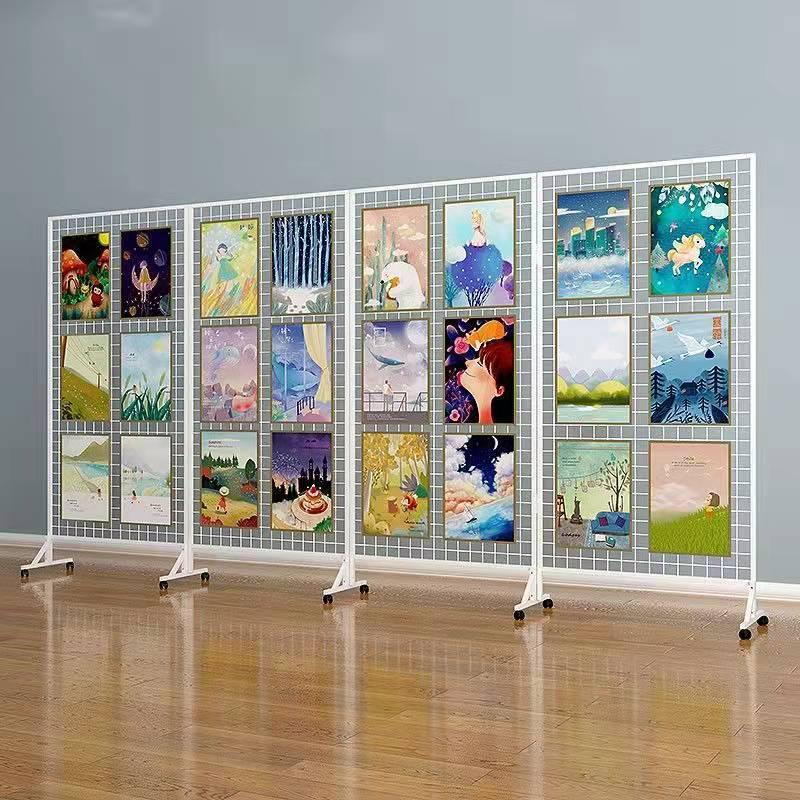 折叠网格移动展示架美术绘画作品幼儿园画展书法落地折屏铁网格网