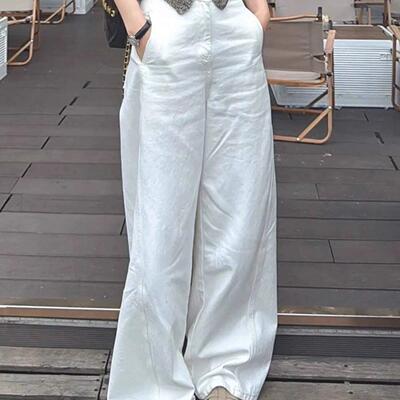 法式Rouje Runway亚麻阔腿裤女夏薄款白色冰丝速干凉感弯刀休闲裤