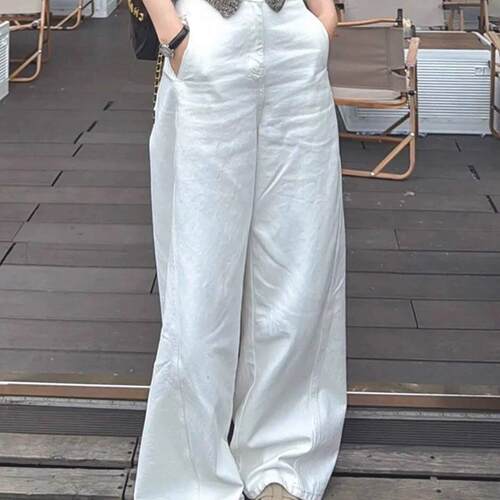 法式Rouje Runway亚麻阔腿裤女夏薄款白色冰丝速干凉感弯刀休闲裤