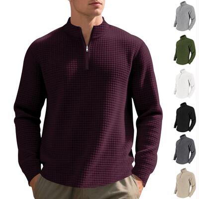 Men Plaid Casual Fitted Pullover Sweater Zip Spring Fall