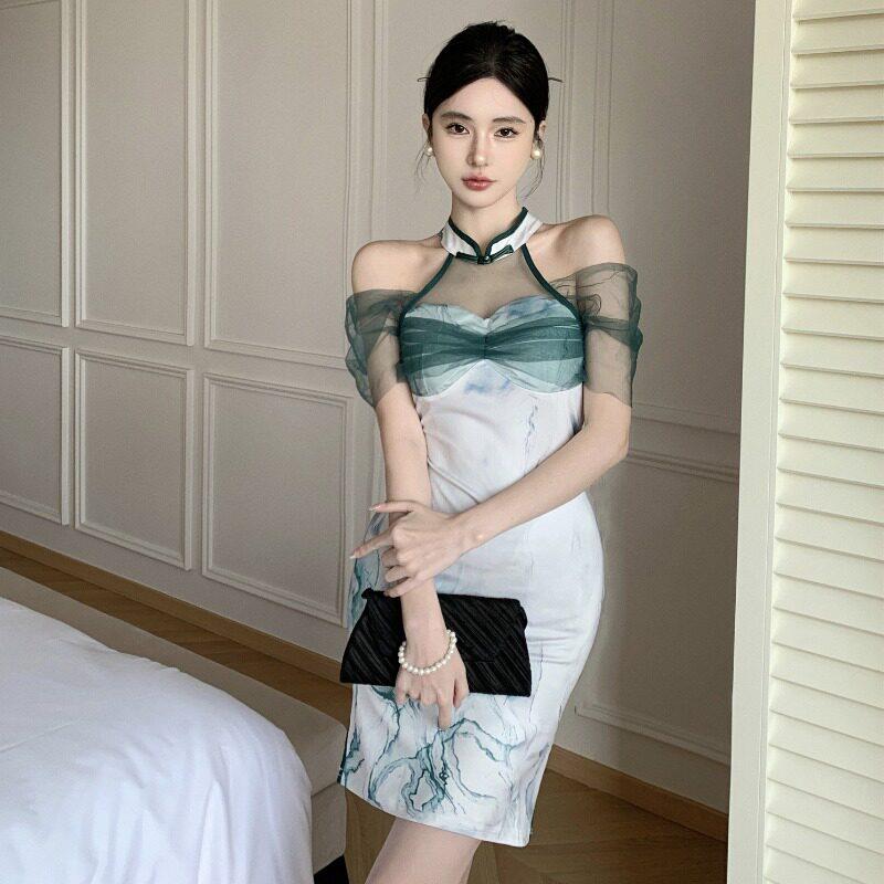 主播服装女国风网纱拼接气质露肩洋装新中式年轻改良旗袍小礼服