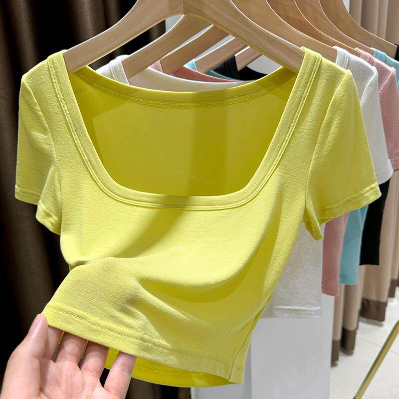 春夏季糖果色大方领正肩短袖t恤女辣妹露脐修身短款低胸锁骨0308z