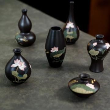 宜兴紫砂手绘小花瓶 荷花题材 花插花器桌面摆件新中式禅意家居饰