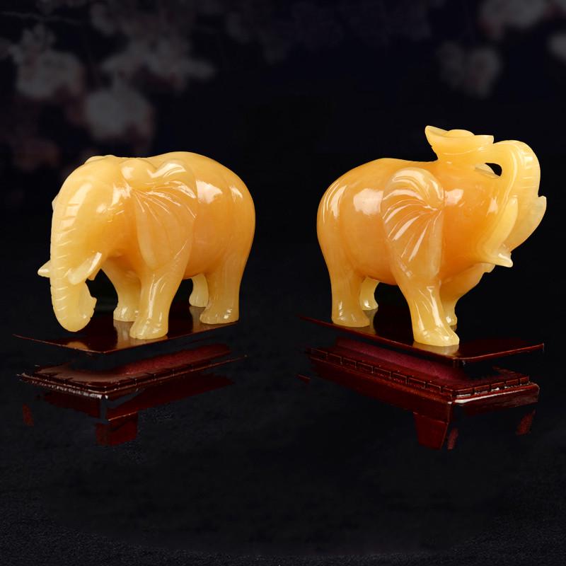 黄玉大象摆件玉石一对装饰品雕刻客厅米黄玉工艺品厂家吸水大象