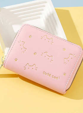 跨境猫咪卡通图案女士零钱包大容量PU信用卡证件可爱风琴卡套包