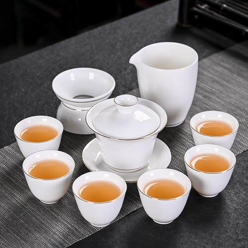 羊脂玉瓷茶具套装家用白瓷盖碗年会送礼描金国潮风茶杯