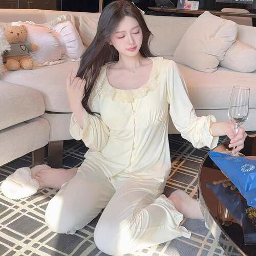 长袖睡衣女秋法式带胸垫款春蕾丝花边家居服套装可外穿0917e