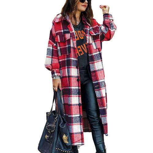 Women Plaid Coat Button Front Fall Winter Street Outerwear