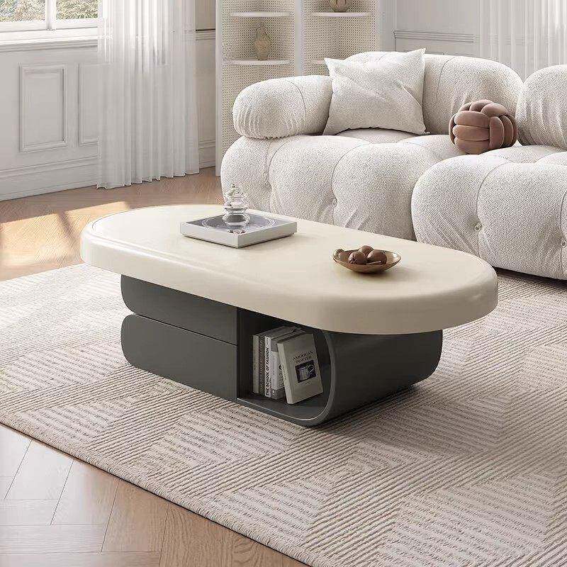 饼干奶油风茶几客厅家用小户型网红椭圆形设计感岩板小茶几