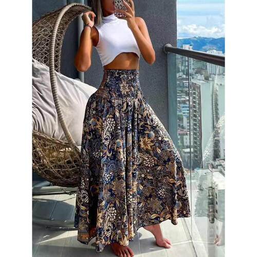 Women's Ethnic Pattern Shirred Waist Wide Leg Pants Boho