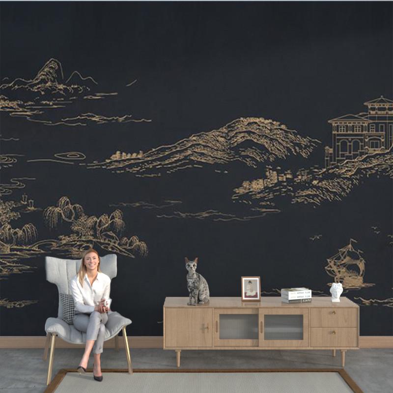 中式山水画墙布电视背景墙壁纸素描阁楼客厅壁画墙纸轻奢定制卧室