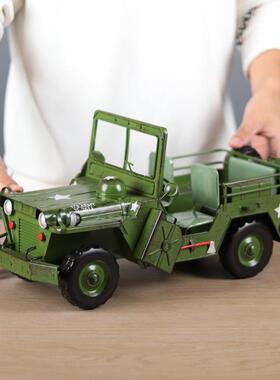 复古美式二战带篷威利斯吉普车模型金属怀旧战车酒吧橱窗装饰摆件